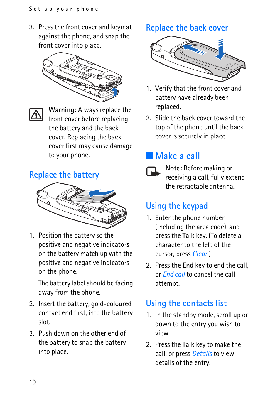 Make a call, Replace the battery, Replace the back cover | Using the keypad, Using the contacts list | Nokia 6012 User Manual | Page 20 / 80