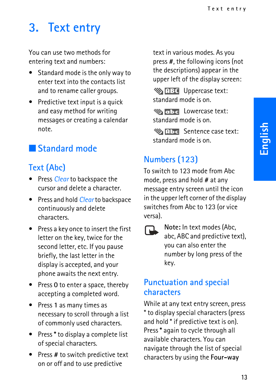 Text entry, English, Standard mode | Text (abc), Numbers (123), Punctuation and special characters | Nokia 6012 User Manual | Page 23 / 80