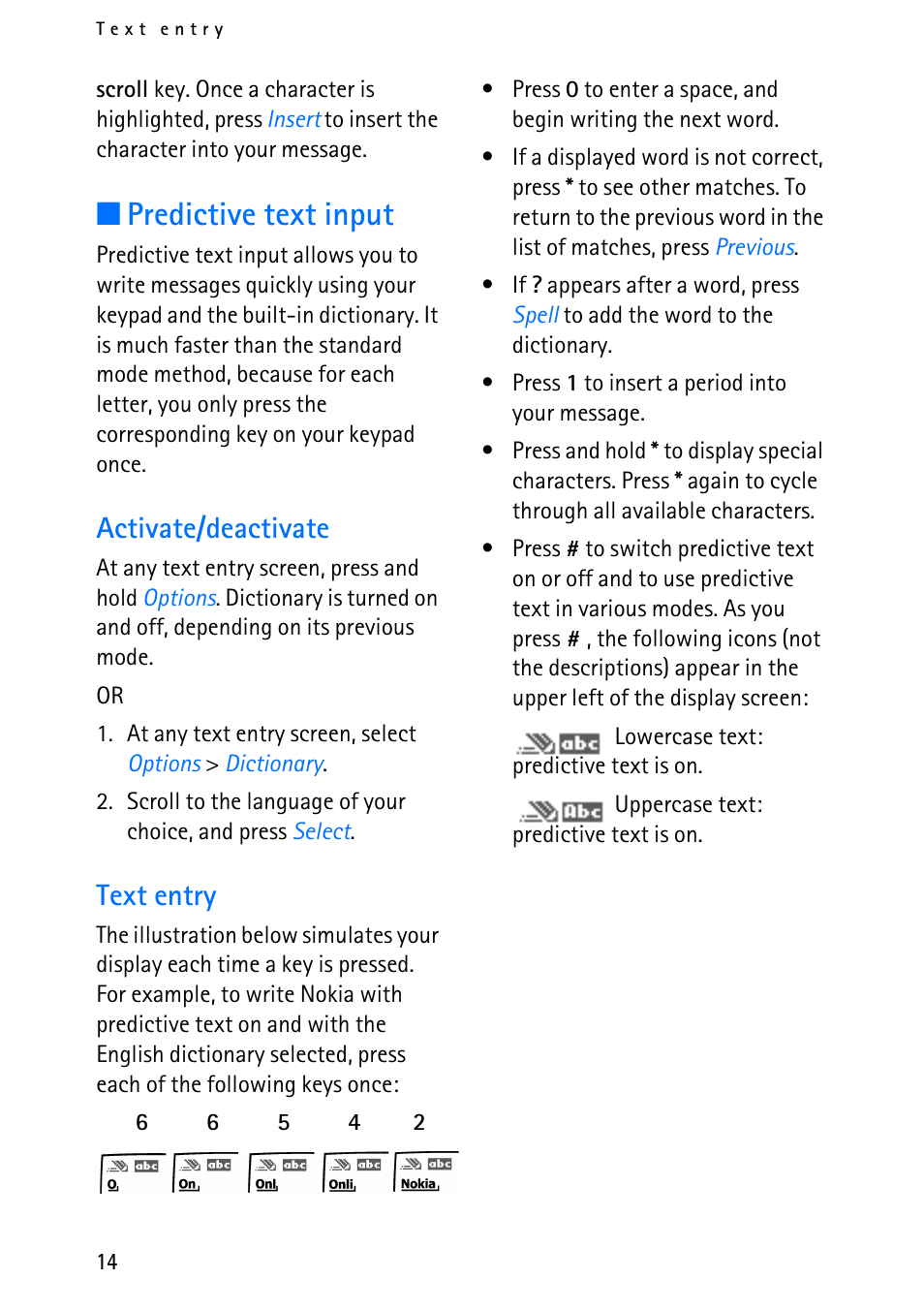 Predictive text input, Activate/deactivate, Text entry | Nokia 6012 User Manual | Page 24 / 80