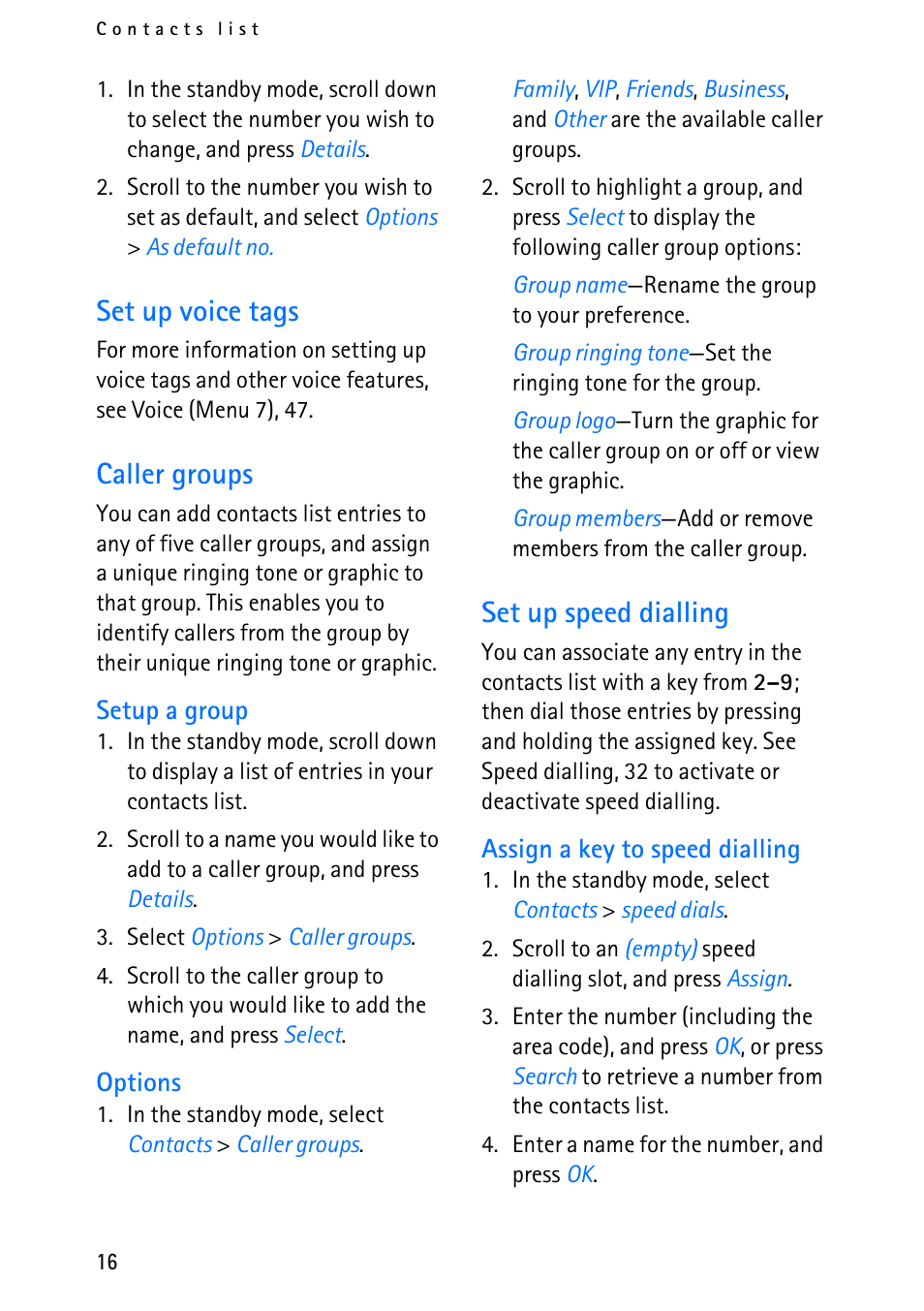 Set up voice tags, Caller groups, Set up speed dialling | Nokia 6012 User Manual | Page 26 / 80