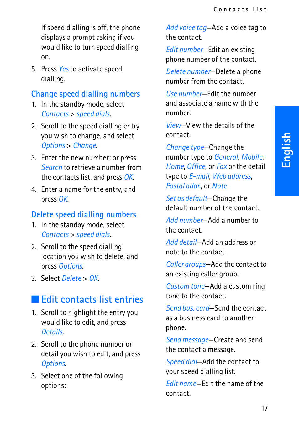 English, Edit contacts list entries | Nokia 6012 User Manual | Page 27 / 80