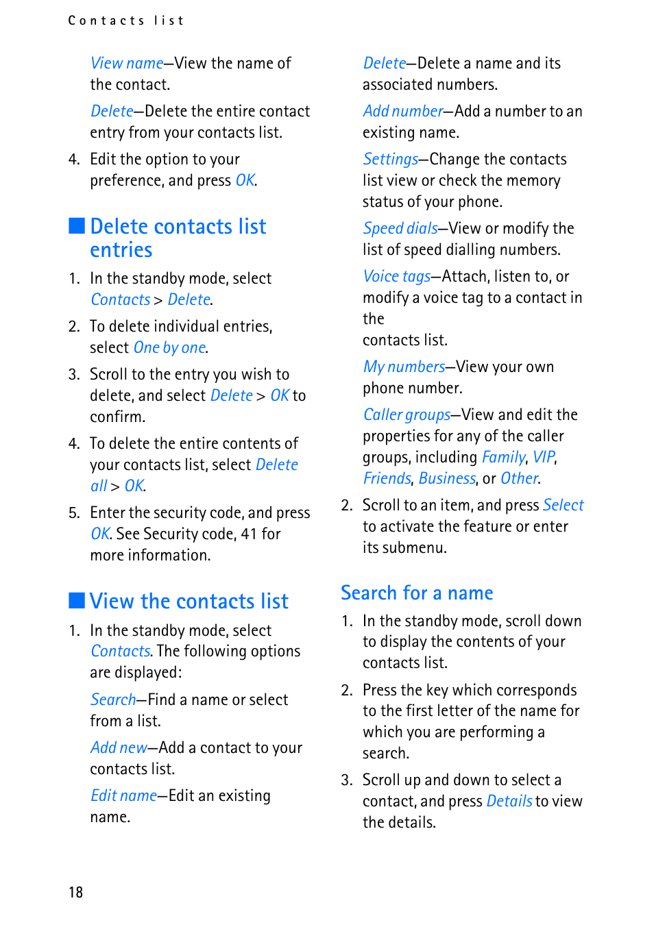 Delete contacts list entries, View the contacts list, Search for a name | Nokia 6012 User Manual | Page 28 / 80