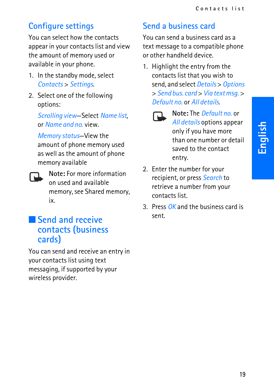 English, Send and receive contacts (business cards), Configure settings | Send a business card | Nokia 6012 User Manual | Page 29 / 80