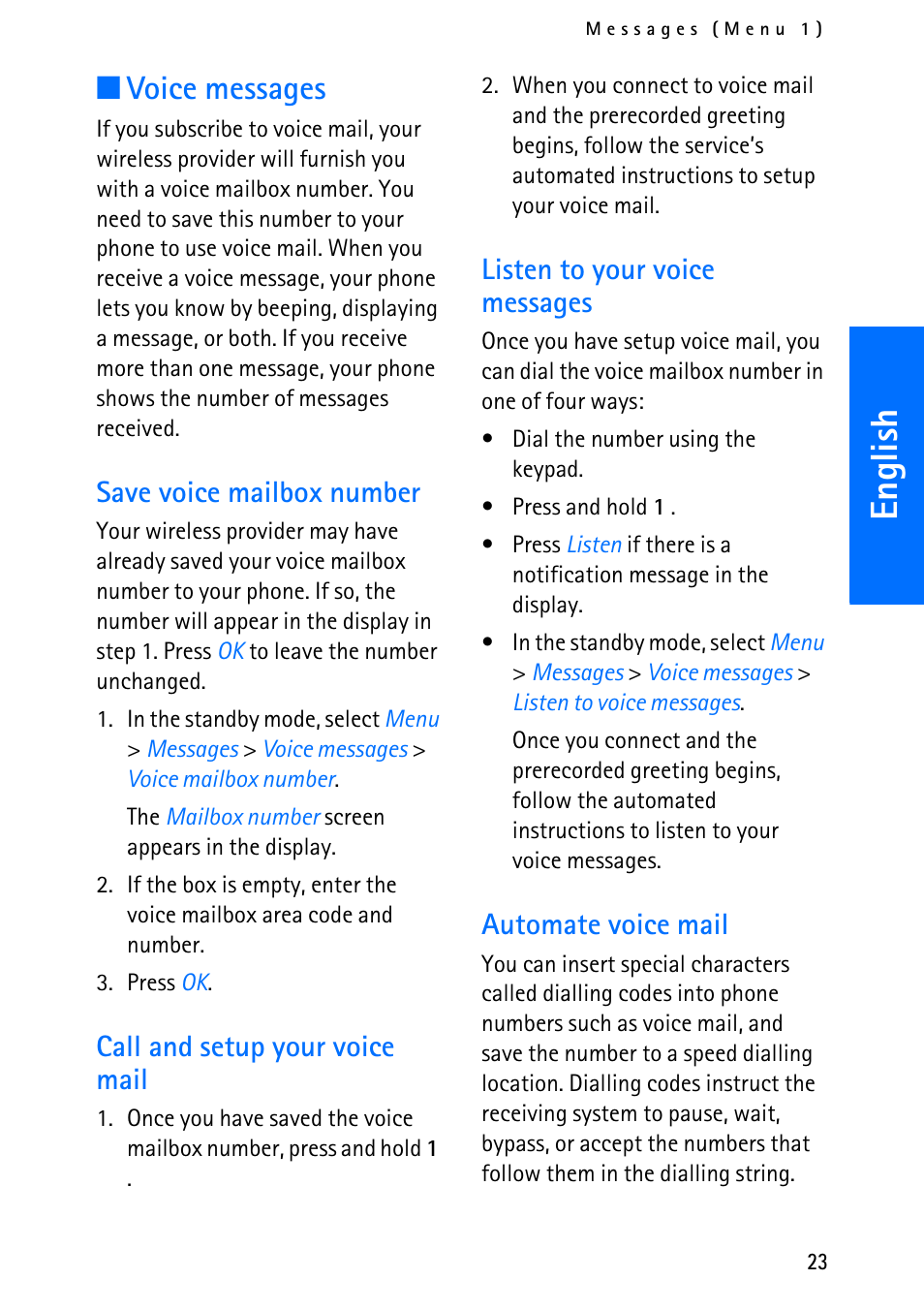 English, Voice messages, Save voice mailbox number | Call and setup your voice mail, Listen to your voice messages, Automate voice mail | Nokia 6012 User Manual | Page 33 / 80