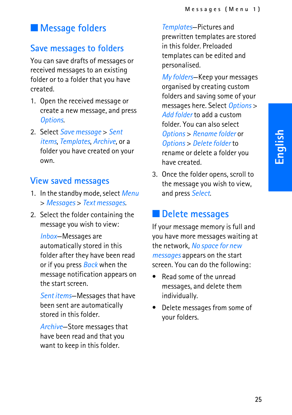 English, Message folders, Delete messages | Save messages to folders, View saved messages | Nokia 6012 User Manual | Page 35 / 80