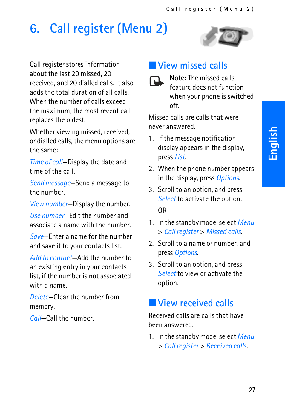 Call register (menu 2), English, View missed calls | View received calls | Nokia 6012 User Manual | Page 37 / 80