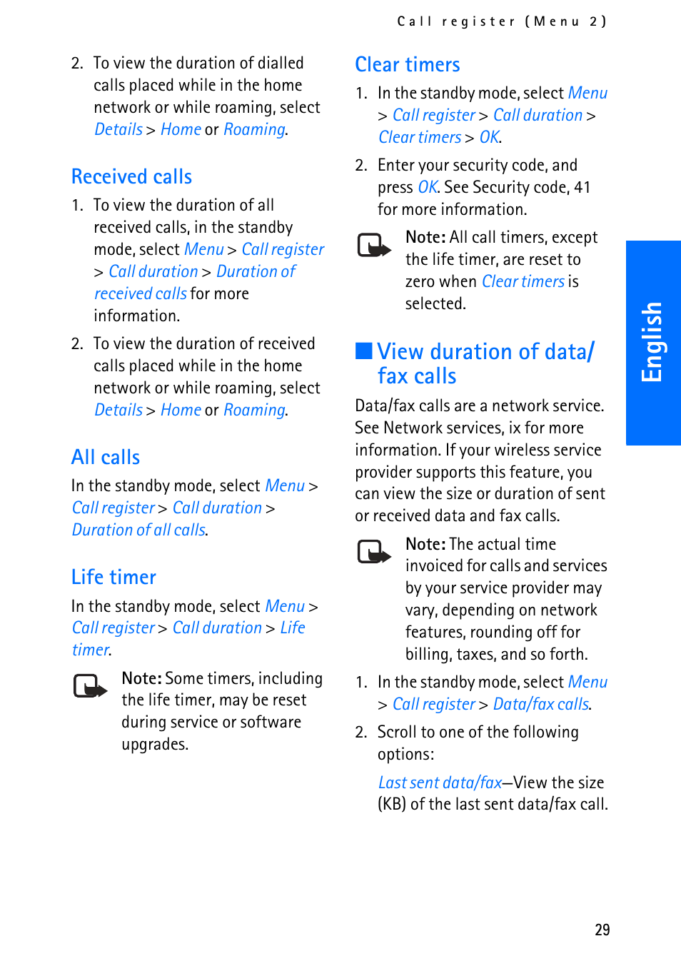 English, View duration of data/ fax calls, Received calls | All calls, Life timer, Clear timers | Nokia 6012 User Manual | Page 39 / 80