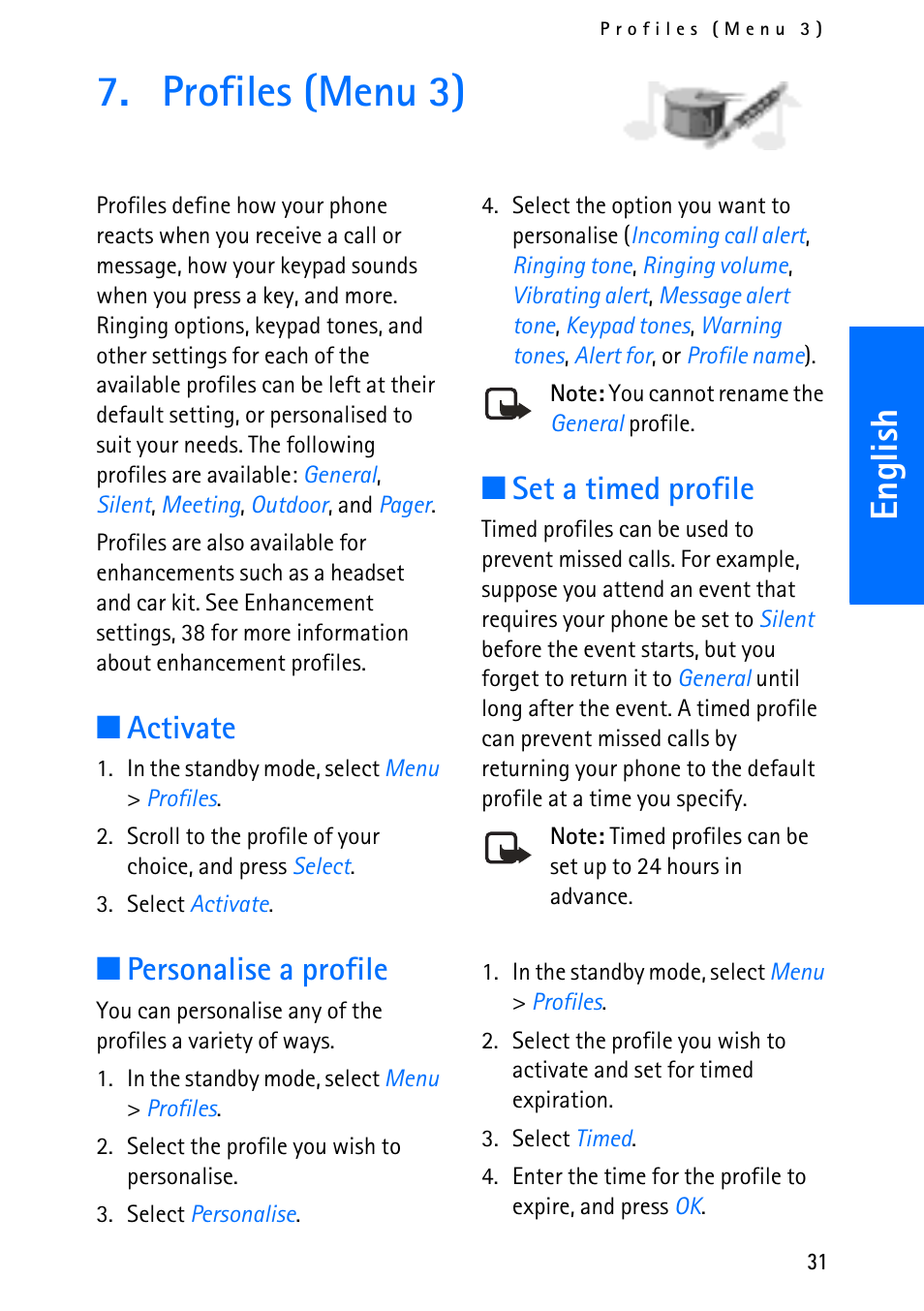 Profiles (menu 3), English, Activate | Personalise a profile, Set a timed profile | Nokia 6012 User Manual | Page 41 / 80