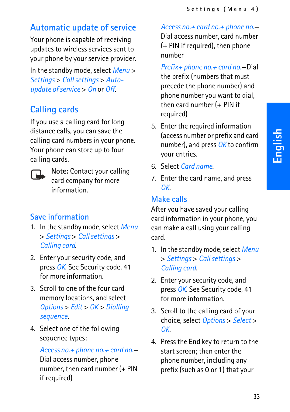 English, Automatic update of service, Calling cards | Nokia 6012 User Manual | Page 43 / 80