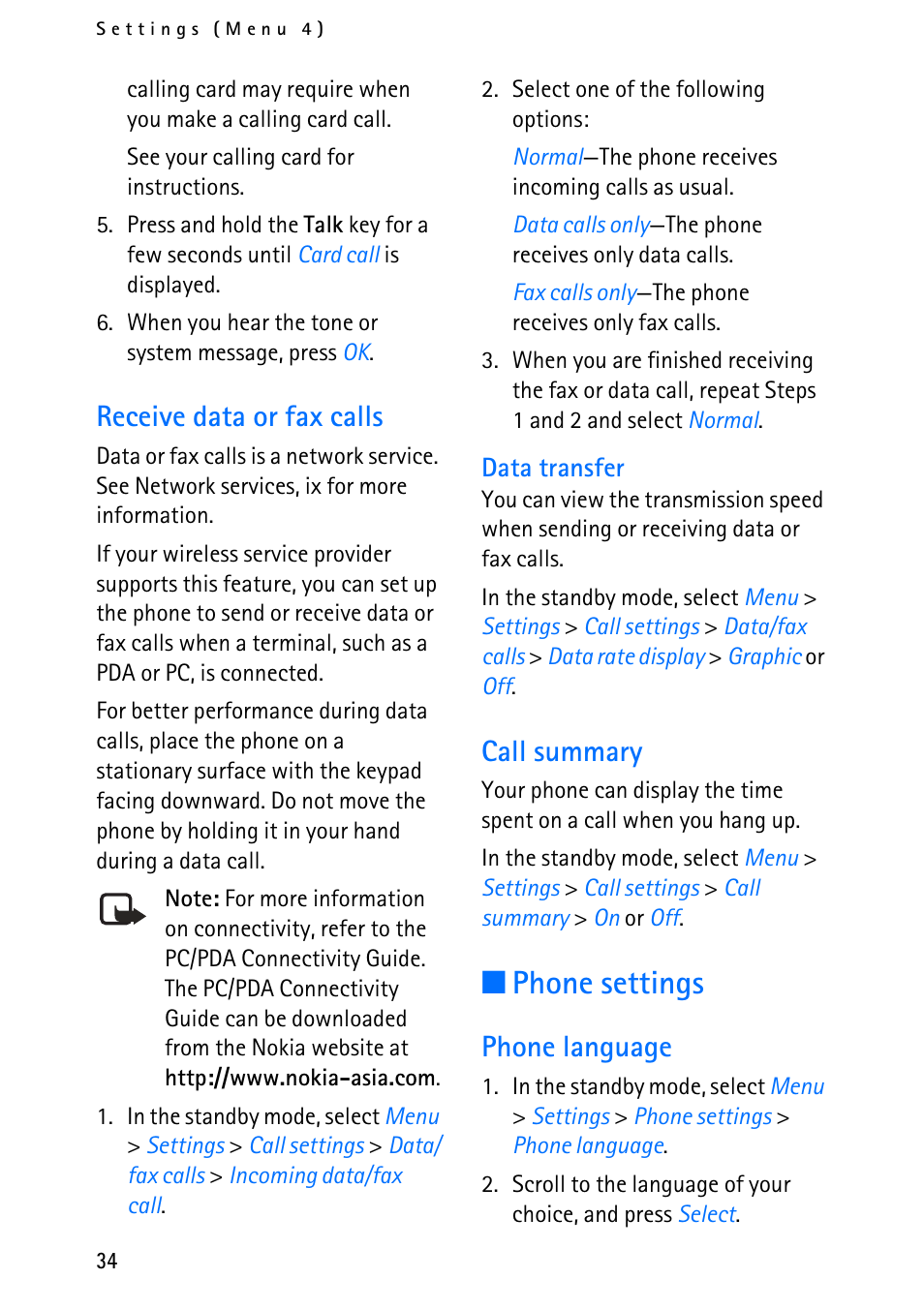 Phone settings, Receive data or fax calls, Call summary | Phone language | Nokia 6012 User Manual | Page 44 / 80