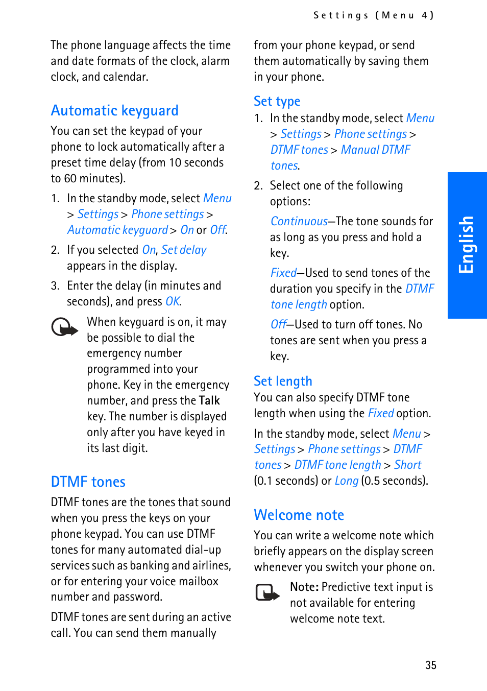 English, Automatic keyguard, Dtmf tones | Nokia 6012 User Manual | Page 45 / 80