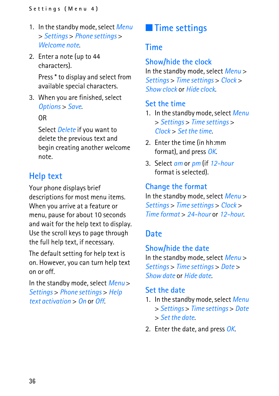 Time settings, Help text, Time | Date | Nokia 6012 User Manual | Page 46 / 80