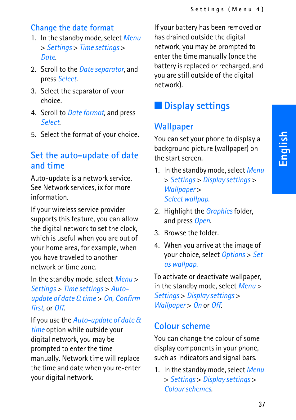 English, Display settings, Set the auto-update of date and time | Wallpaper, Colour scheme | Nokia 6012 User Manual | Page 47 / 80