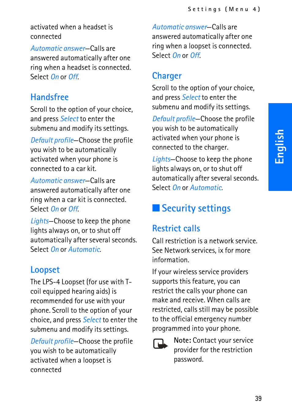 English, Security settings, Handsfree | Loopset, Charger, Restrict calls | Nokia 6012 User Manual | Page 49 / 80