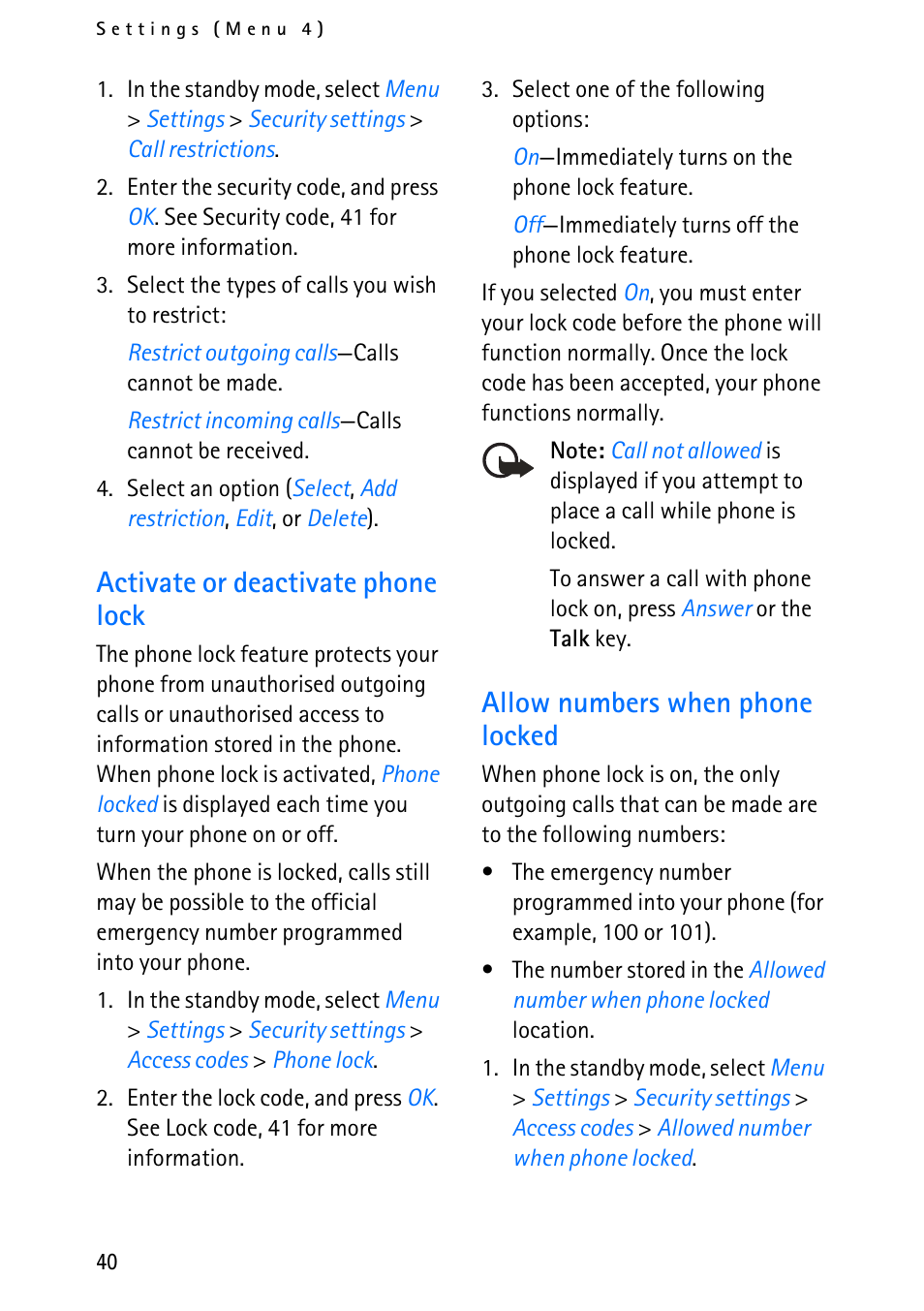 Activate or deactivate phone lock, Allow numbers when phone locked | Nokia 6012 User Manual | Page 50 / 80