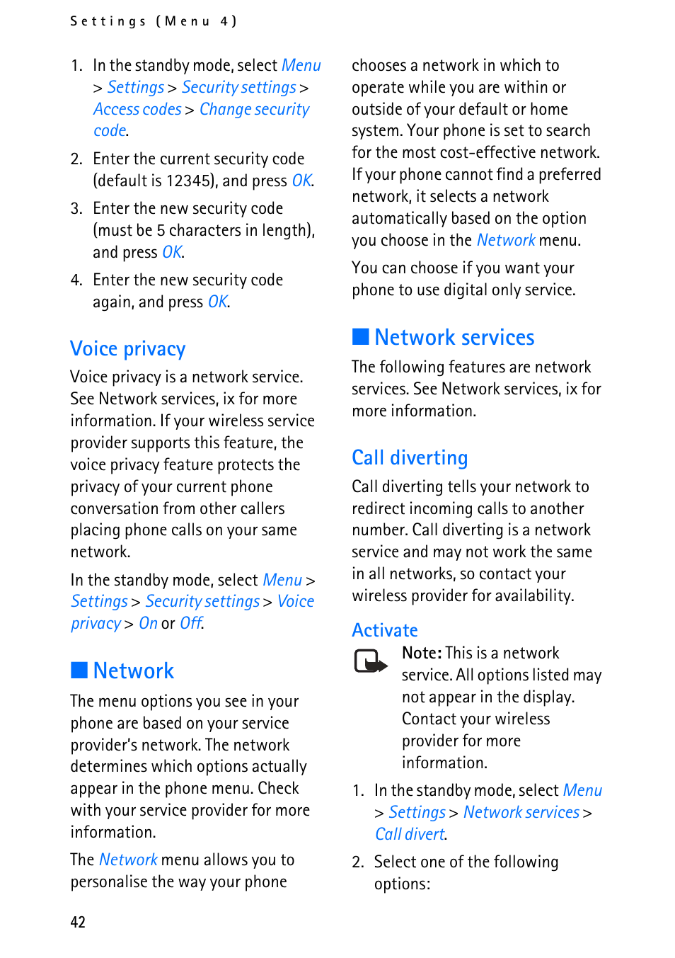 Network, Network services, Voice privacy | Call diverting | Nokia 6012 User Manual | Page 52 / 80