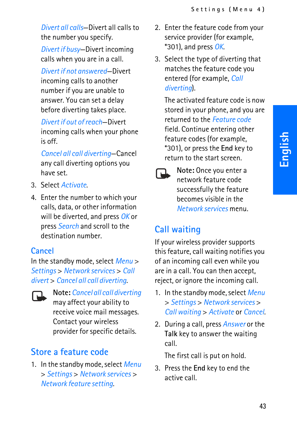 English, Store a feature code, Call waiting | Nokia 6012 User Manual | Page 53 / 80