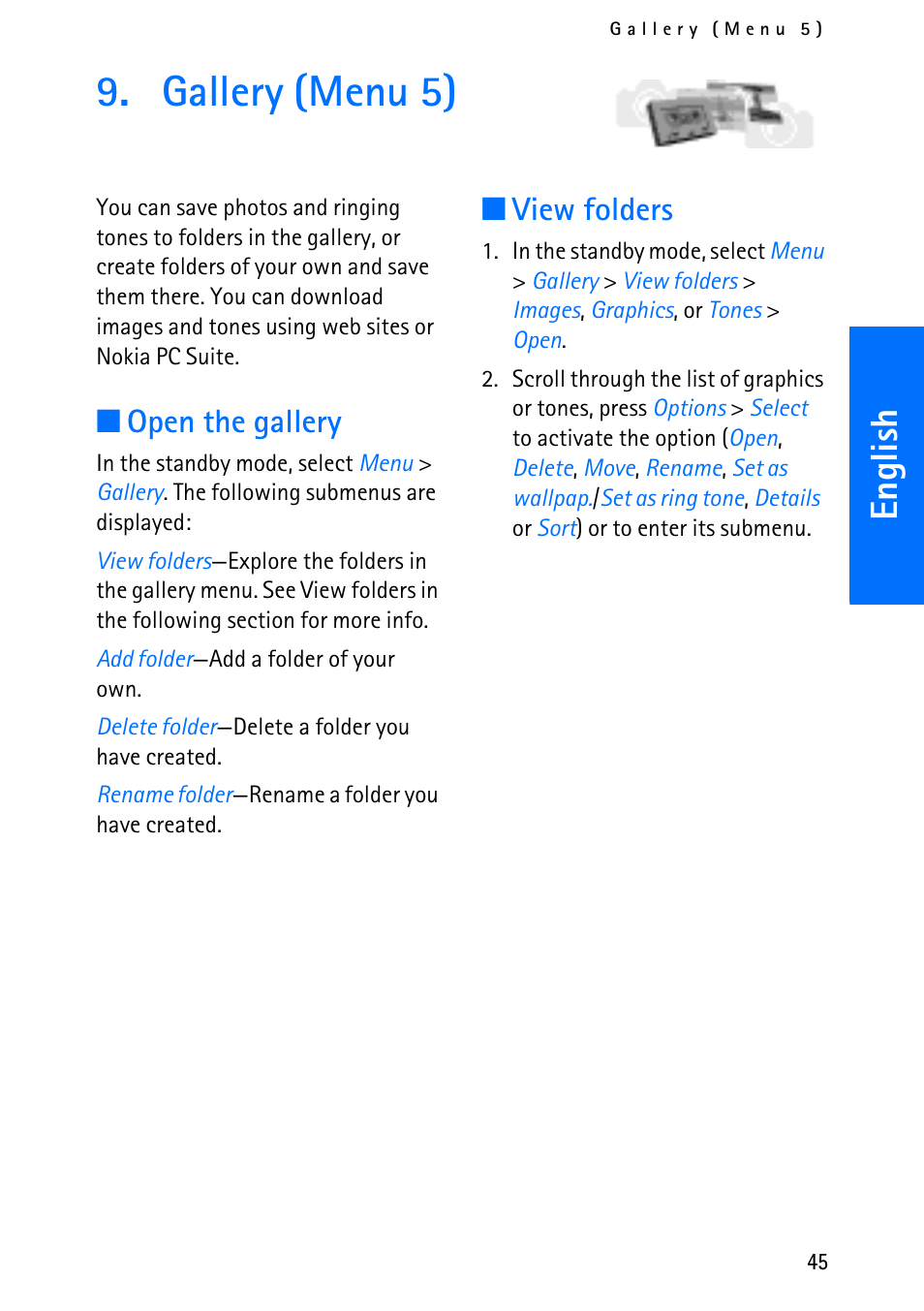 Gallery (menu 5), English, Open the gallery | View folders | Nokia 6012 User Manual | Page 55 / 80