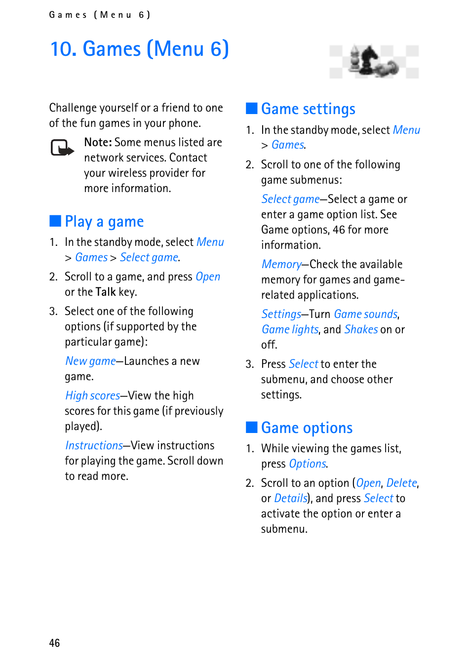Games (menu 6), Play a game, Game settings | Game options | Nokia 6012 User Manual | Page 56 / 80