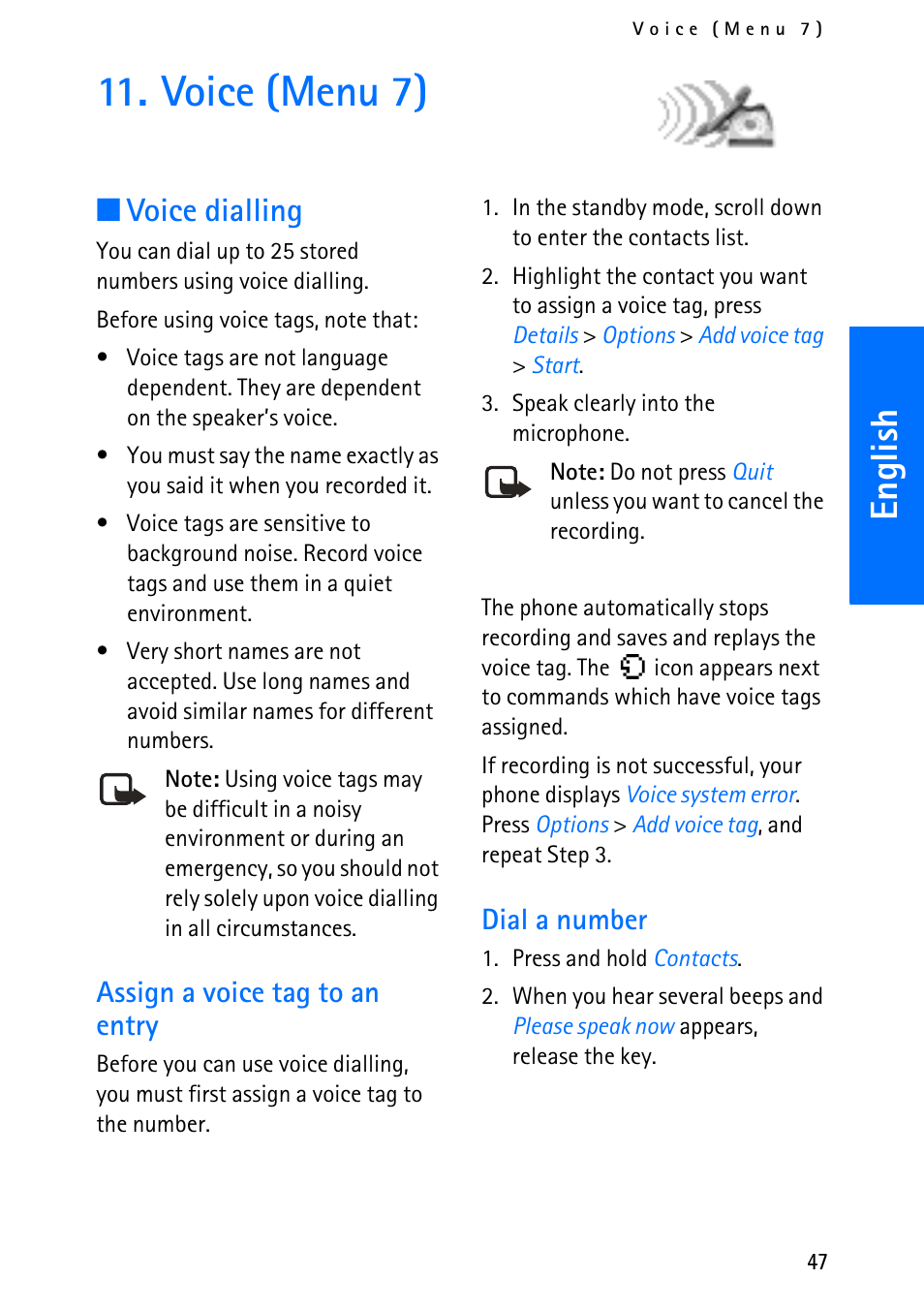 Voice (menu 7), English, Voice dialling | Assign a voice tag to an entry, Dial a number | Nokia 6012 User Manual | Page 57 / 80