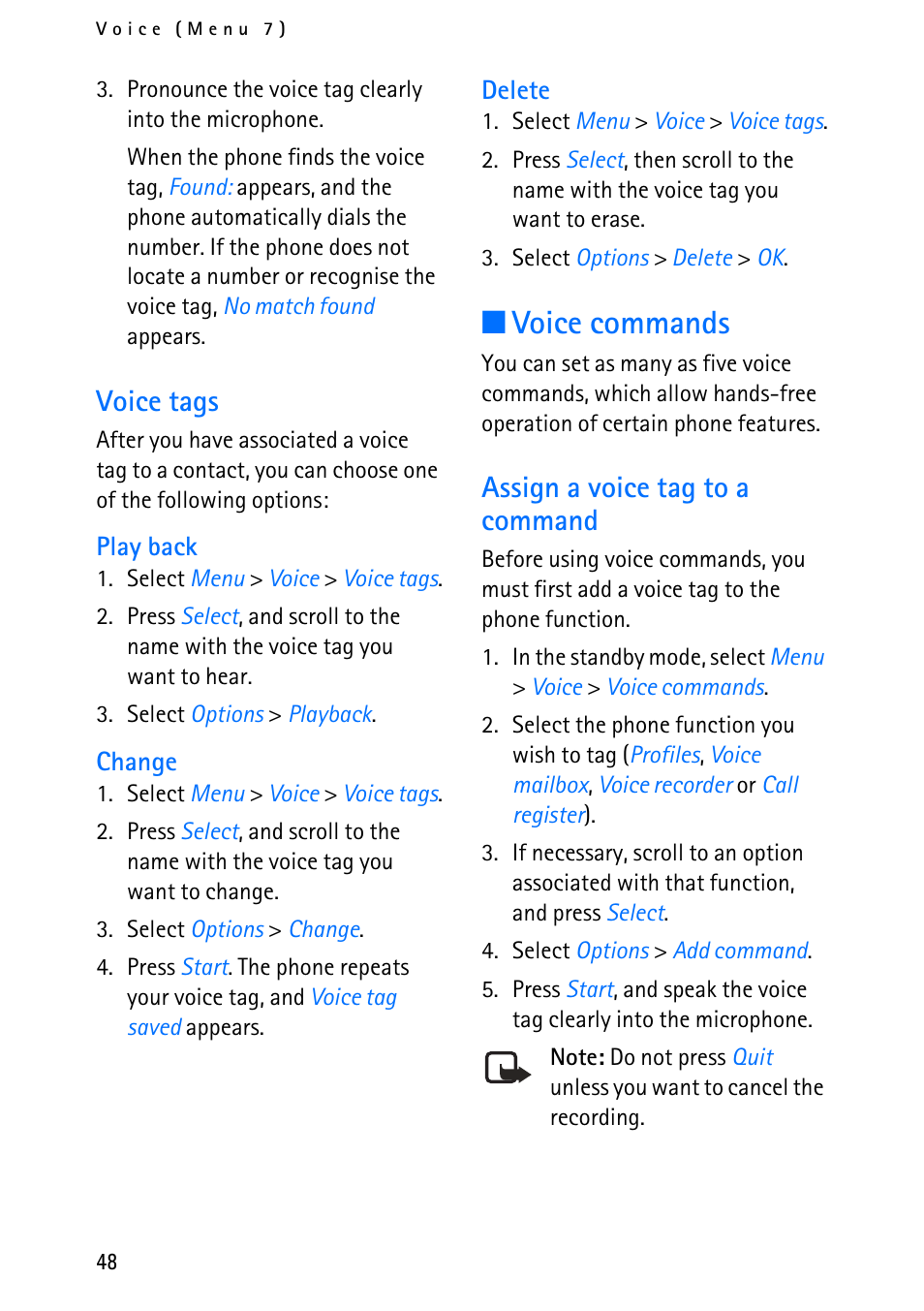 Voice commands, Voice tags, Assign a voice tag to a command | Nokia 6012 User Manual | Page 58 / 80