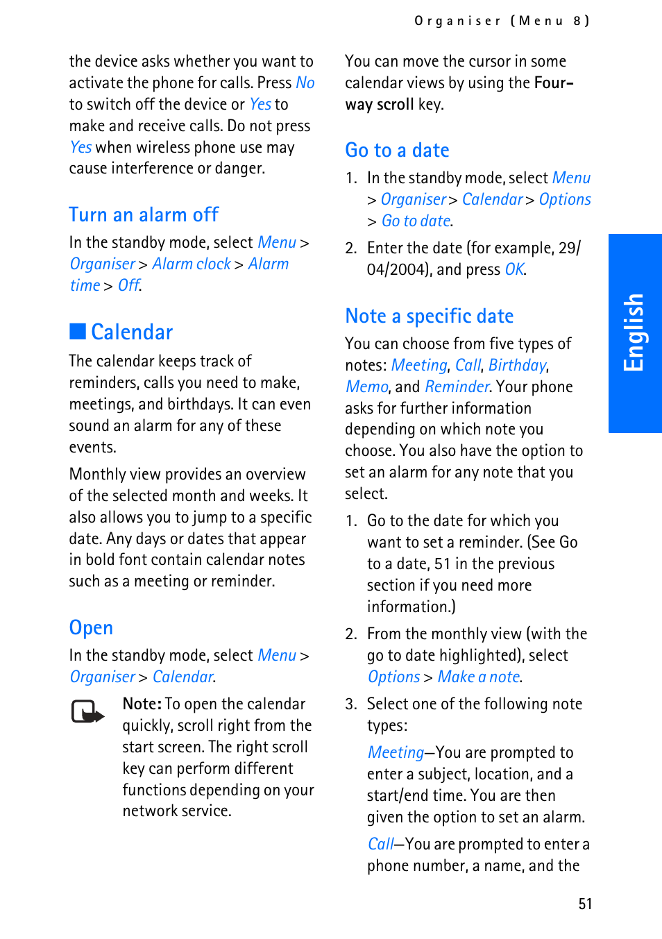 English, Calendar, Turn an alarm off | Open, Go to a date | Nokia 6012 User Manual | Page 61 / 80