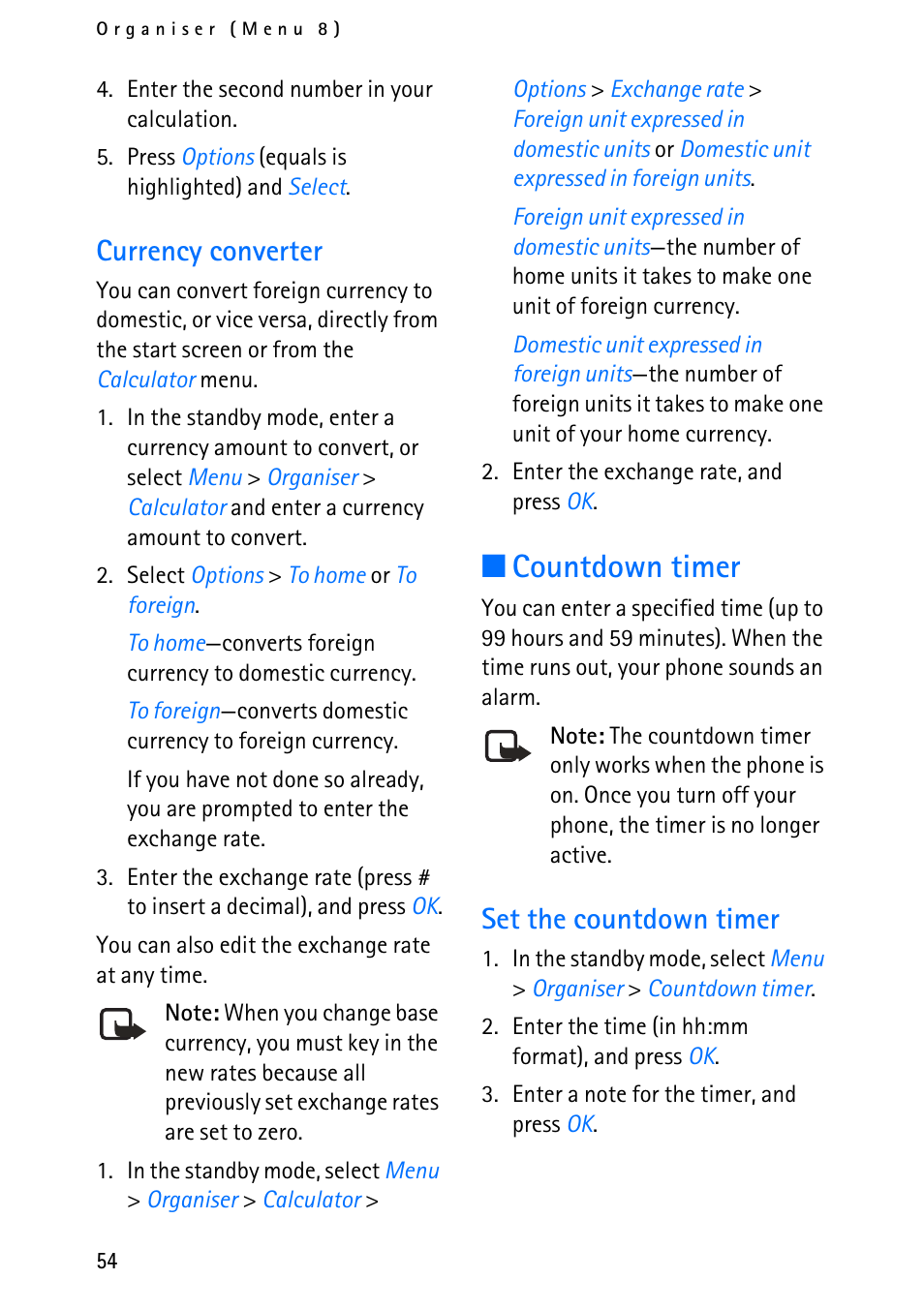 Countdown timer, Currency converter, Set the countdown timer | Nokia 6012 User Manual | Page 64 / 80