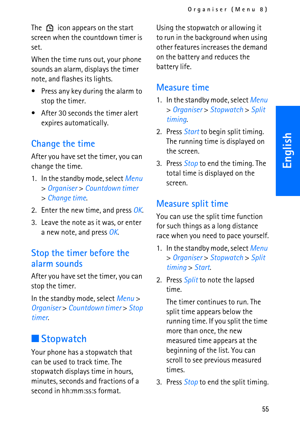 English, Stopwatch, Change the time | Stop the timer before the alarm sounds, Measure time, Measure split time | Nokia 6012 User Manual | Page 65 / 80