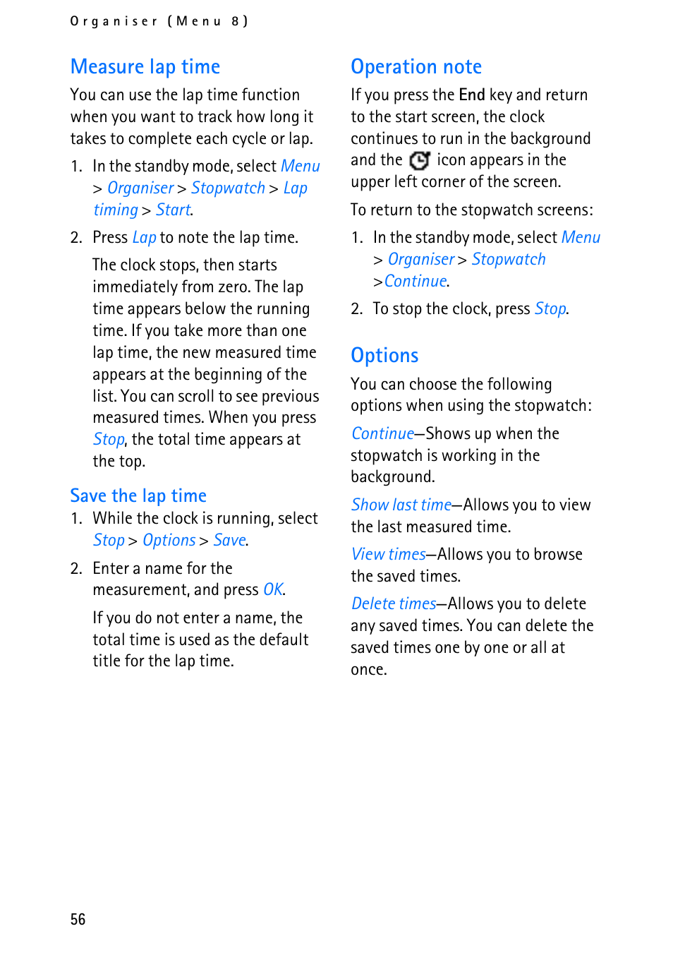 Measure lap time, Options | Nokia 6012 User Manual | Page 66 / 80