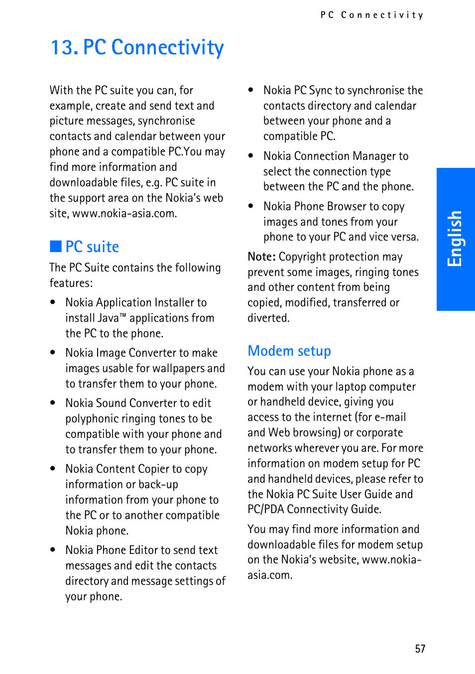 Pc connectivity, English, Pc suite | Modem setup | Nokia 6012 User Manual | Page 67 / 80