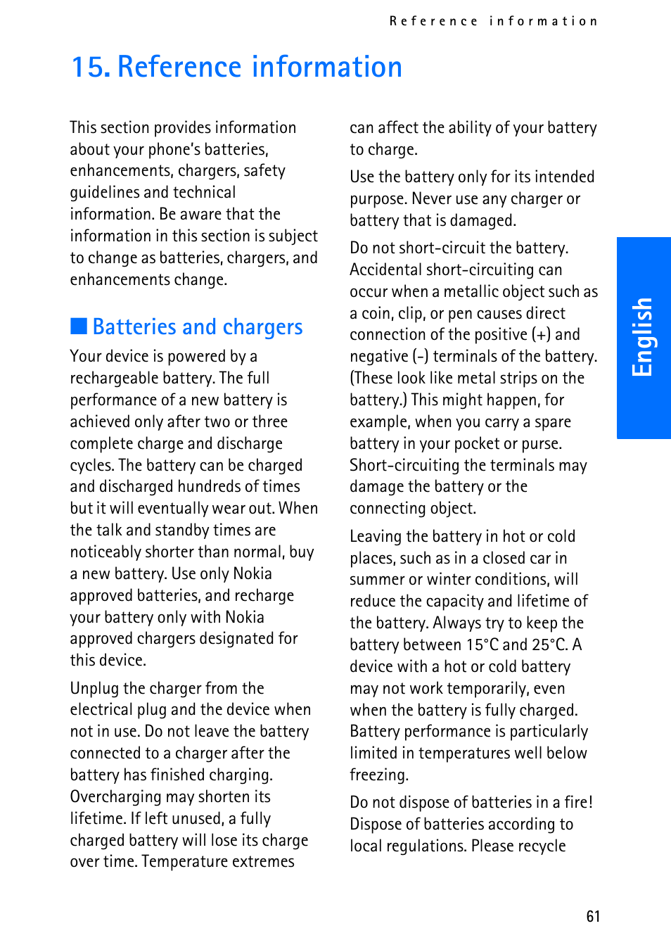 Reference information, English, Batteries and chargers | Nokia 6012 User Manual | Page 71 / 80