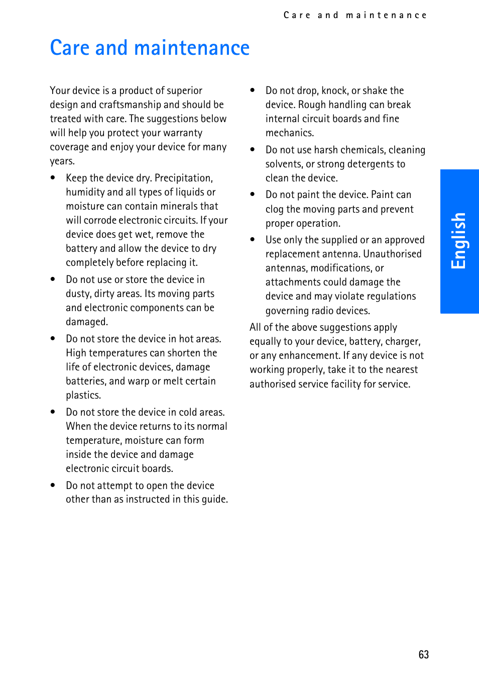 Care and maintenance, English | Nokia 6012 User Manual | Page 73 / 80