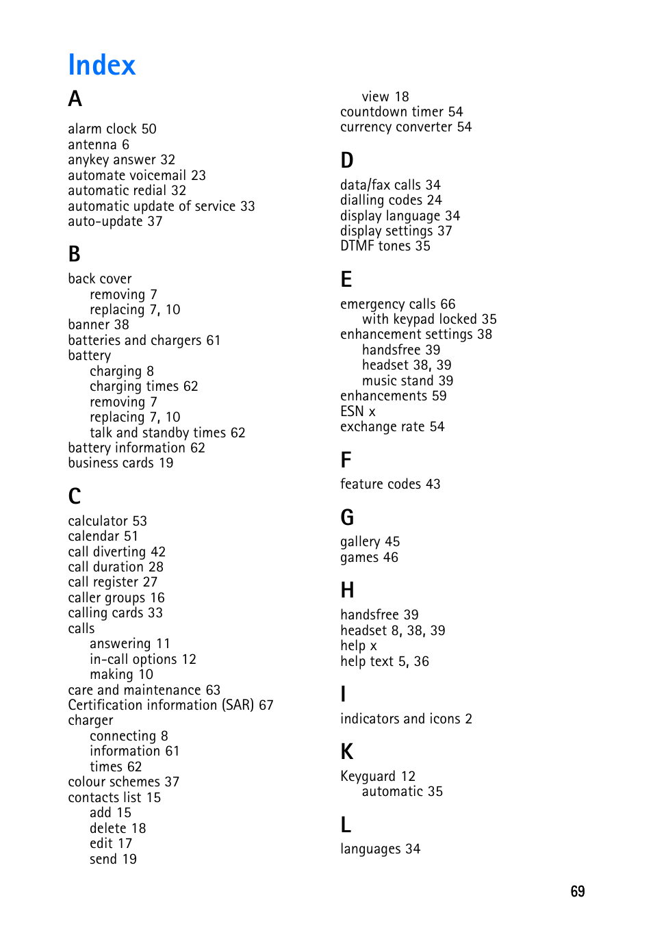 Index | Nokia 6012 User Manual | Page 79 / 80