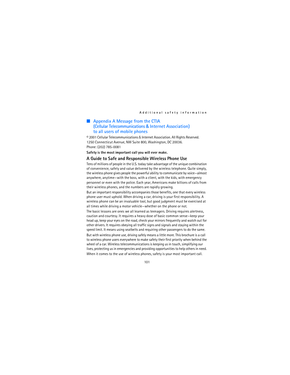 Appendix a message from the ctia | Nokia 2115i User Manual | Page 102 / 121