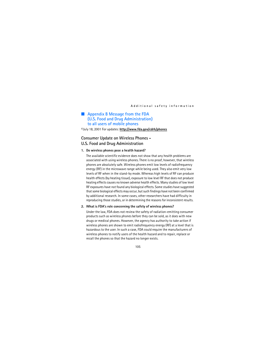 Appendix b message from the fda | Nokia 2115i User Manual | Page 106 / 121