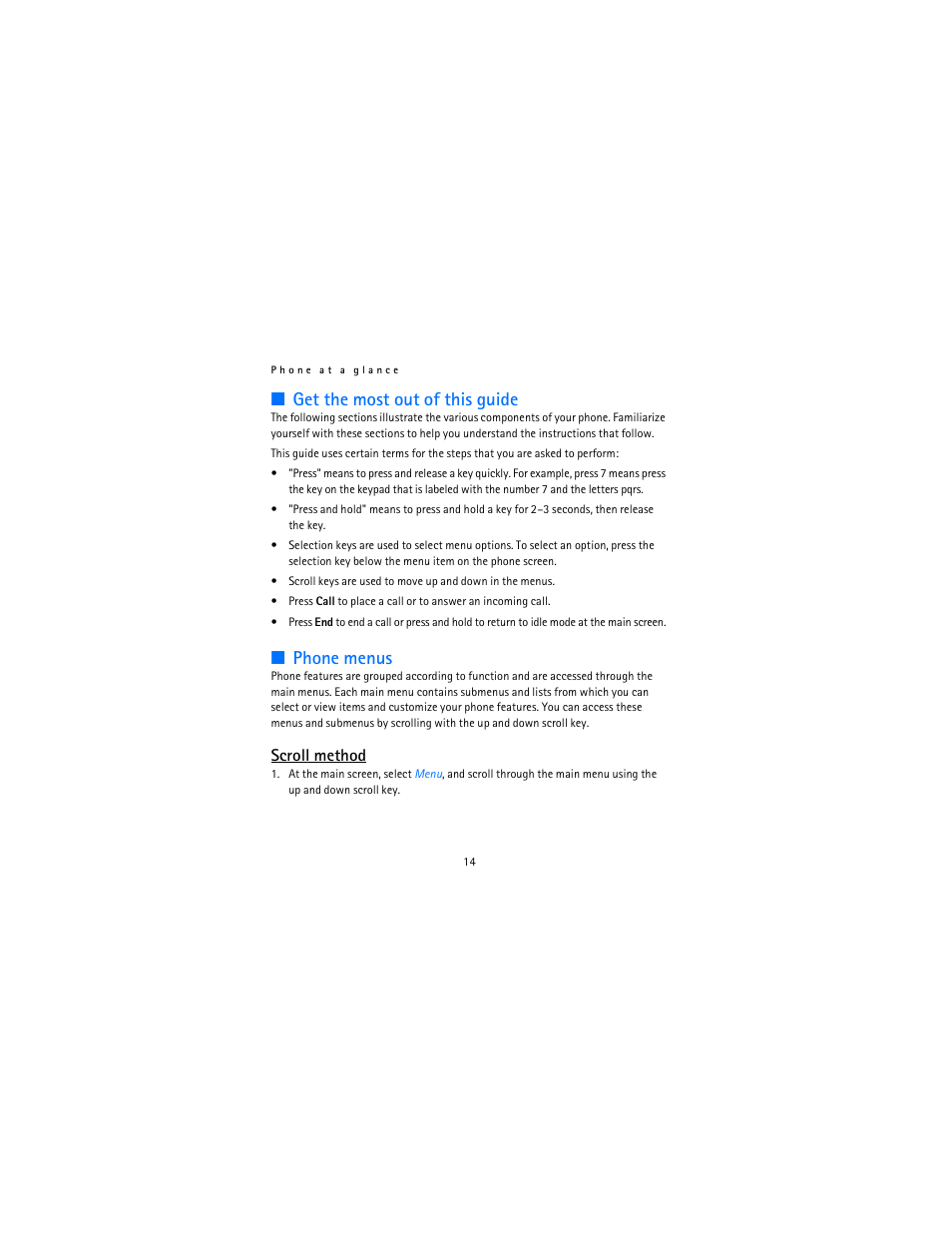 Get the most out of this guide, Phone menus, Scroll method | Nokia 2115i User Manual | Page 15 / 121