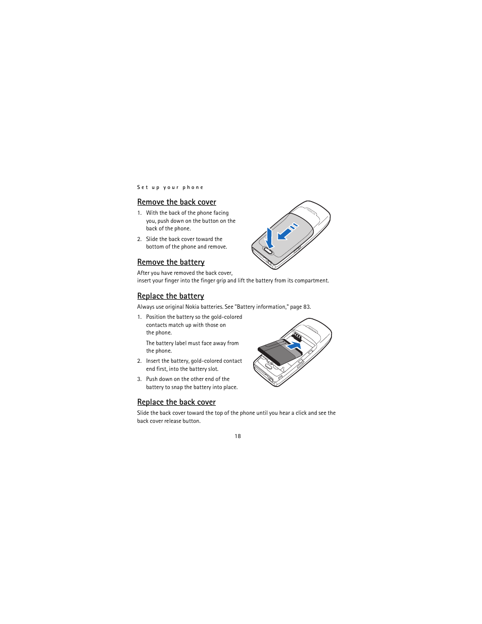 Remove the back cover, Remove the battery, Replace the battery | Replace the back cover | Nokia 2115i User Manual | Page 19 / 121