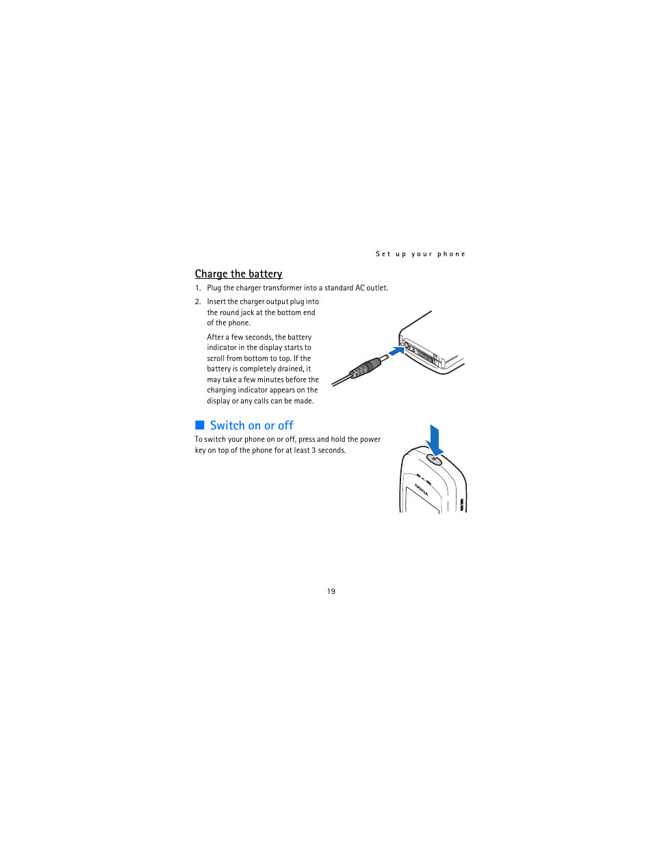 Switch on or off, Charge the battery | Nokia 2115i User Manual | Page 20 / 121