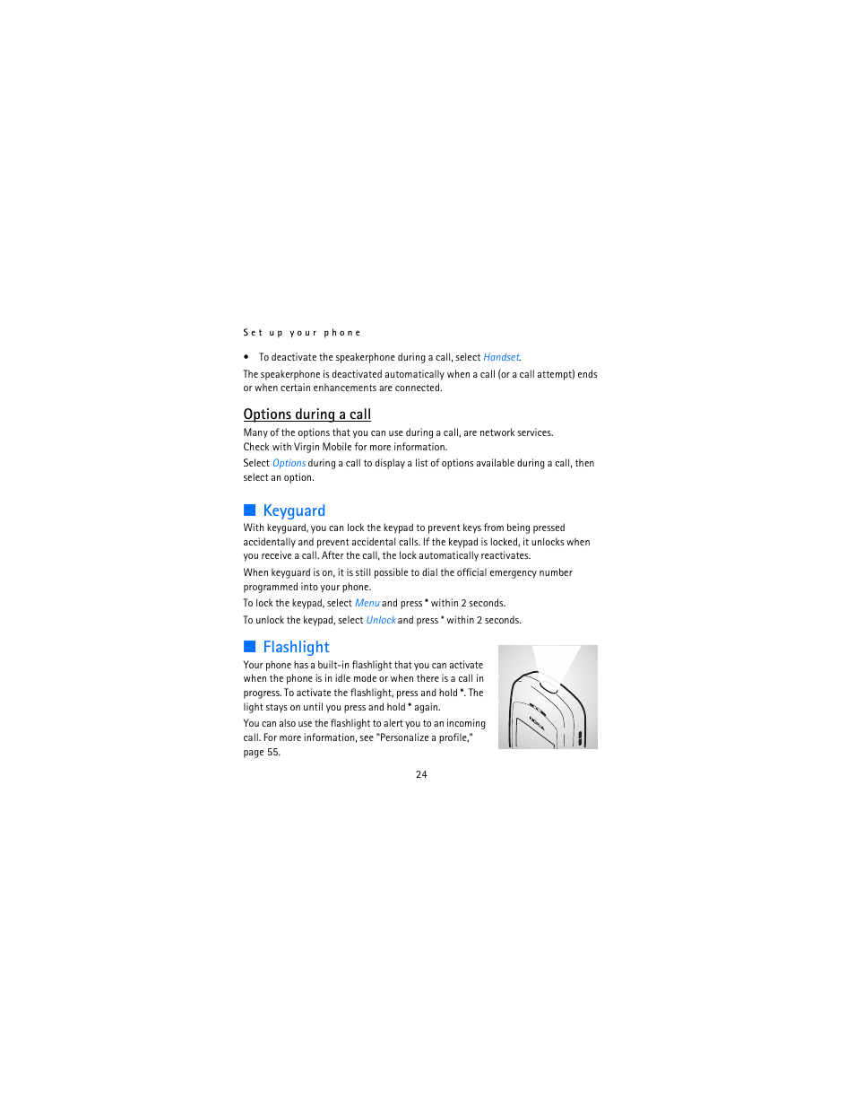 Keyguard, Flashlight, Options during a call | Nokia 2115i User Manual | Page 25 / 121