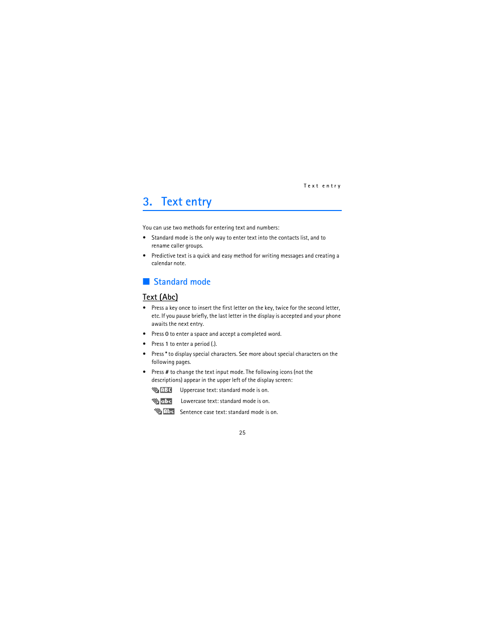 Text entry, Standard mode, Text (abc) | Nokia 2115i User Manual | Page 26 / 121