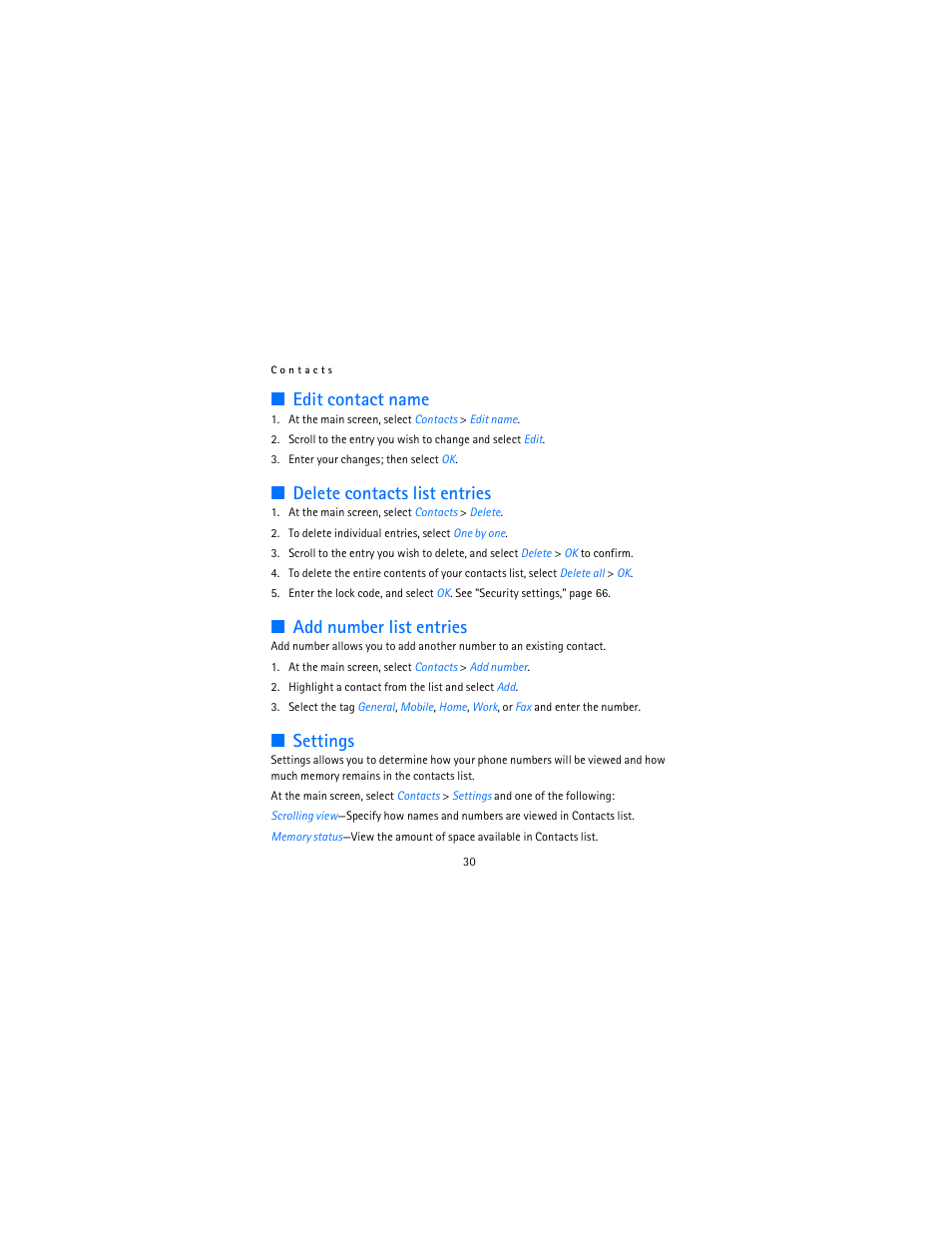 Edit contact name, Delete contacts list entries, Add number list entries | Settings | Nokia 2115i User Manual | Page 31 / 121