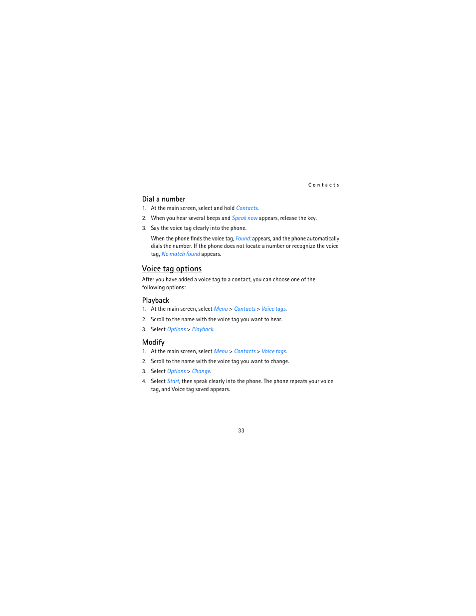 Voice tag options | Nokia 2115i User Manual | Page 34 / 121