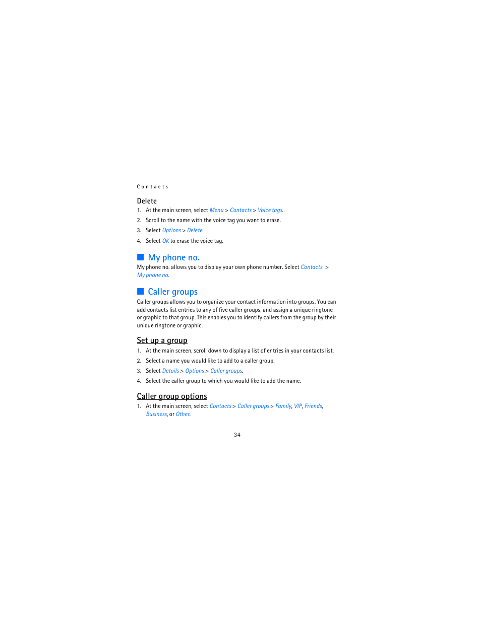 My phone no, Caller groups, Set up a group | Caller group options | Nokia 2115i User Manual | Page 35 / 121