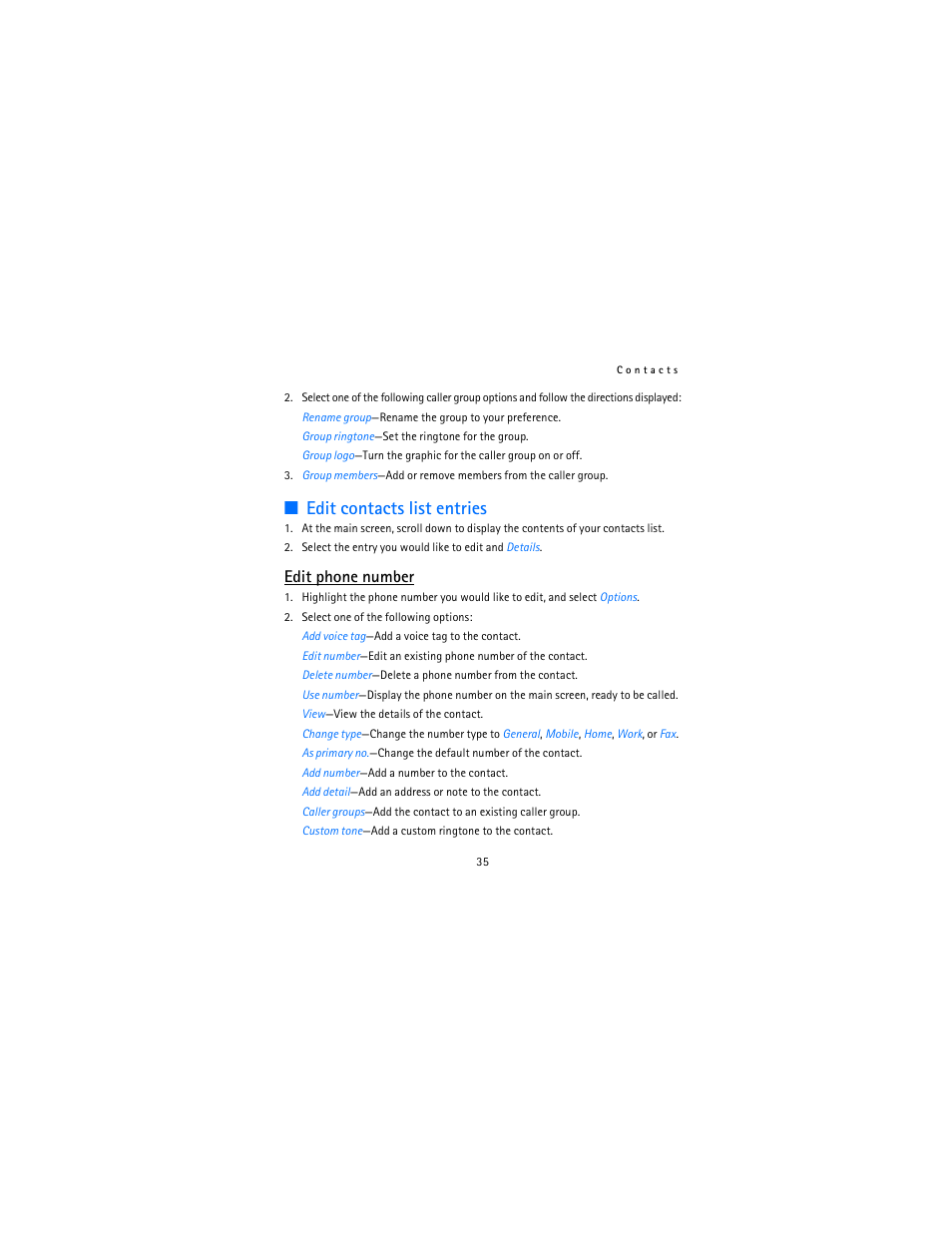 Edit contacts list entries, Edit phone number | Nokia 2115i User Manual | Page 36 / 121
