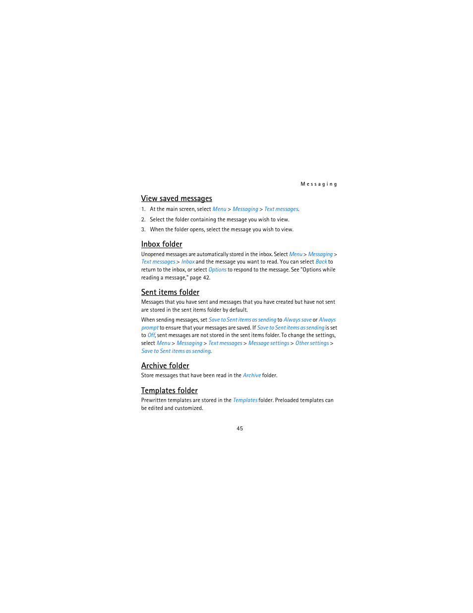 View saved messages, Inbox folder, Sent items folder | Archive folder, Templates folder | Nokia 2115i User Manual | Page 46 / 121