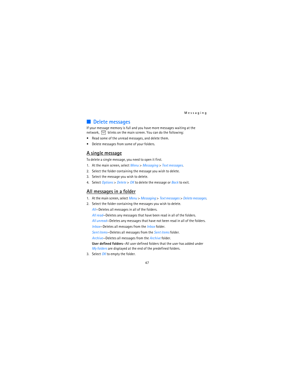 Delete messages, A single message, All messages in a folder | Nokia 2115i User Manual | Page 48 / 121