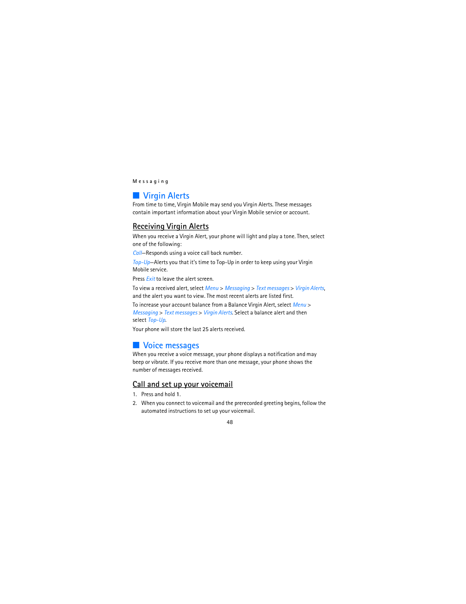 Virgin alerts, Voice messages, Receiving virgin alerts | Call and set up your voicemail | Nokia 2115i User Manual | Page 49 / 121