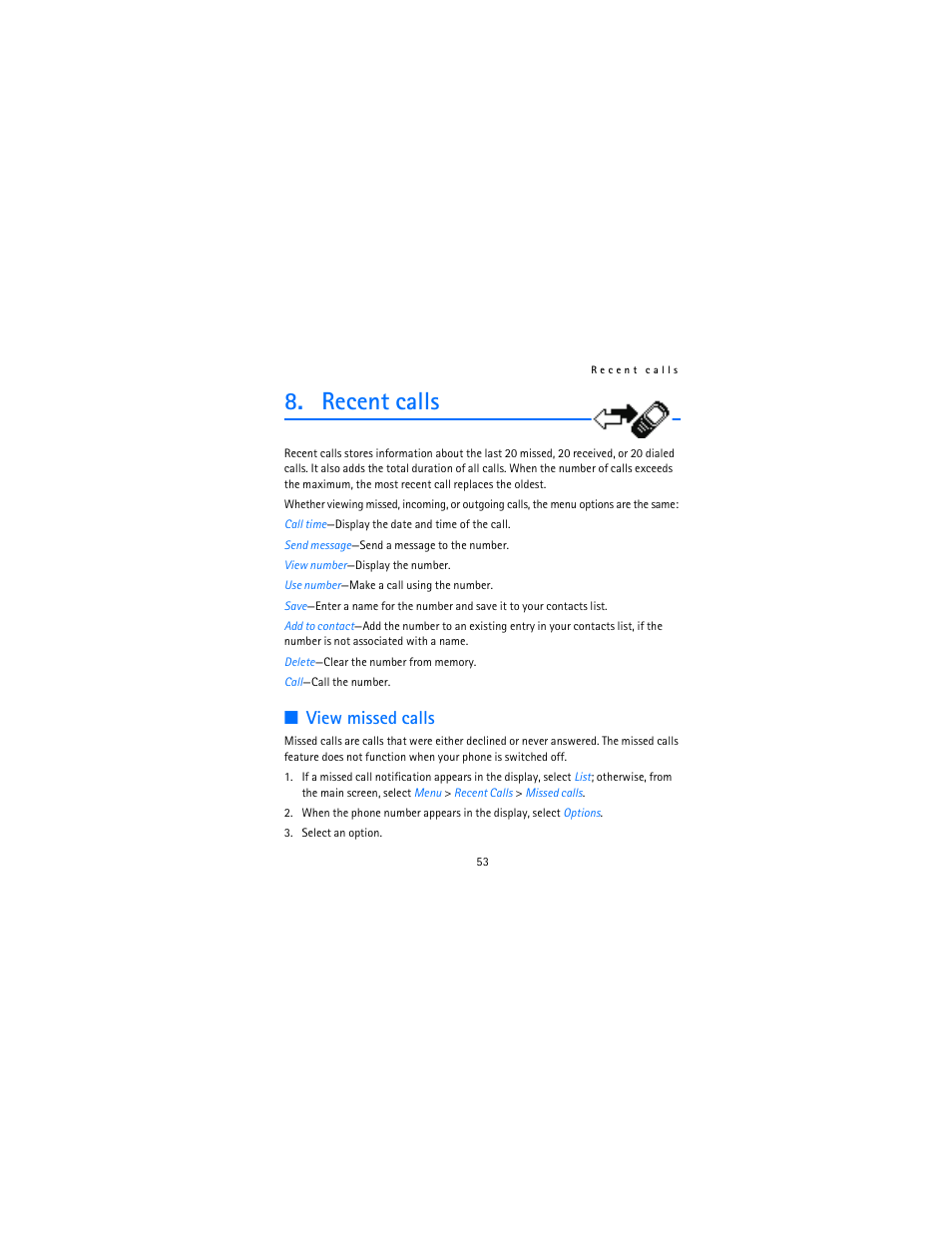 Recent calls, View missed calls | Nokia 2115i User Manual | Page 54 / 121