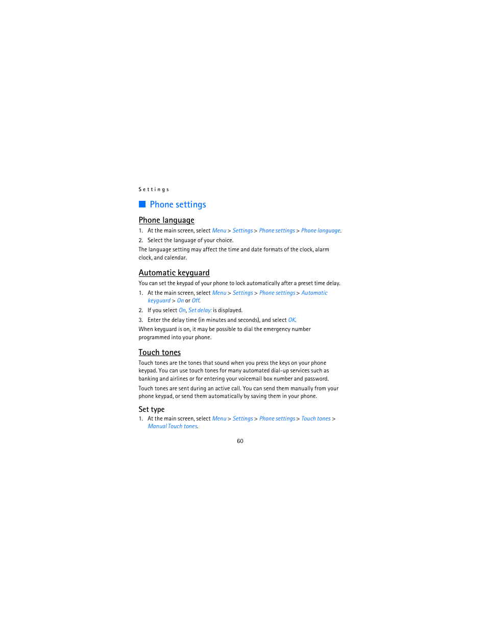Phone settings, Phone language, Automatic keyguard | Touch tones | Nokia 2115i User Manual | Page 61 / 121