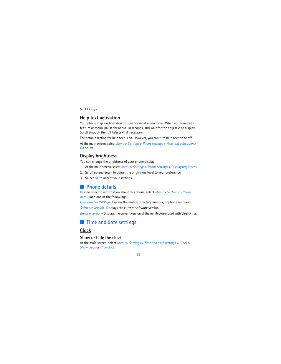 Phone details, Time and date settings, Help text activation | Display brightness, Clock | Nokia 2115i User Manual | Page 63 / 121